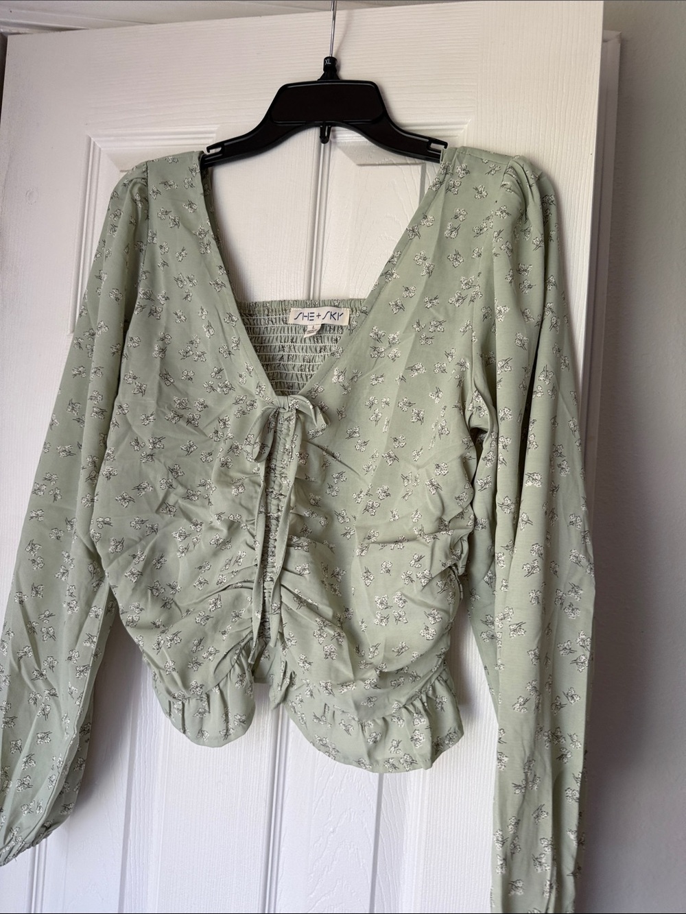 She + Sky Sage Green Floral Tie-Front Blouse
